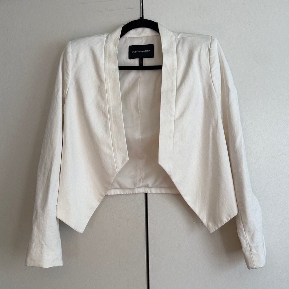 BCBGMAXAZRIA Womens XXS White Cropped Open‎ Front Blazer Jacket Shawl Collar
